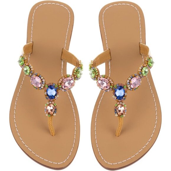 Women's Multi Rhinestone Upper Flat T Strap Thong Flip Flop Sandals Shoes - Picture 2 of 5